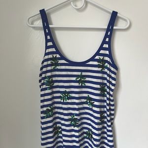 Blue and white  cotton striped tank with sequined palm trees. J. Crew. Size S.